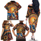 Australian Kangaroos Art Family Matching Off The Shoulder Long Sleeve Dress and Hawaiian Shirt Aboriginal Dot Painting