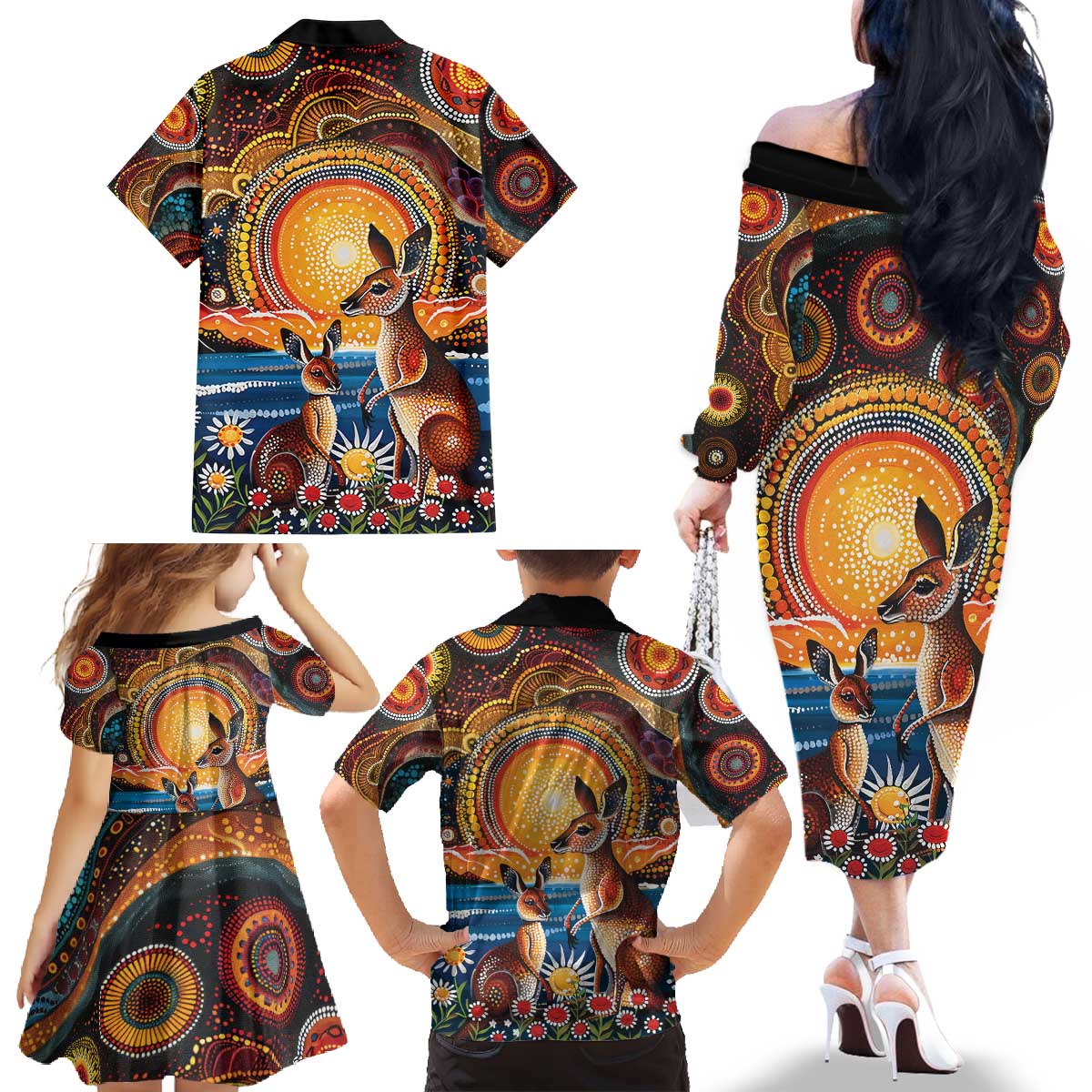 Australian Kangaroos Art Family Matching Off The Shoulder Long Sleeve Dress and Hawaiian Shirt Aboriginal Dot Painting