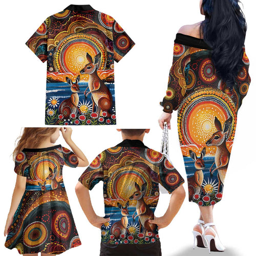 Australian Kangaroos Art Family Matching Off The Shoulder Long Sleeve Dress and Hawaiian Shirt Aboriginal Dot Painting