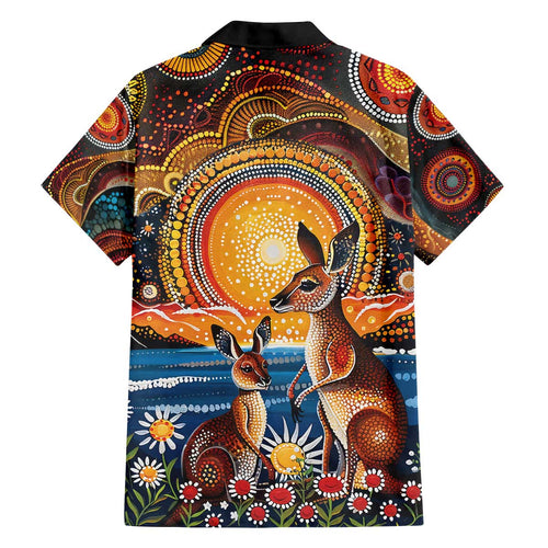 Australian Kangaroos Art Family Matching Off The Shoulder Long Sleeve Dress and Hawaiian Shirt Aboriginal Dot Painting
