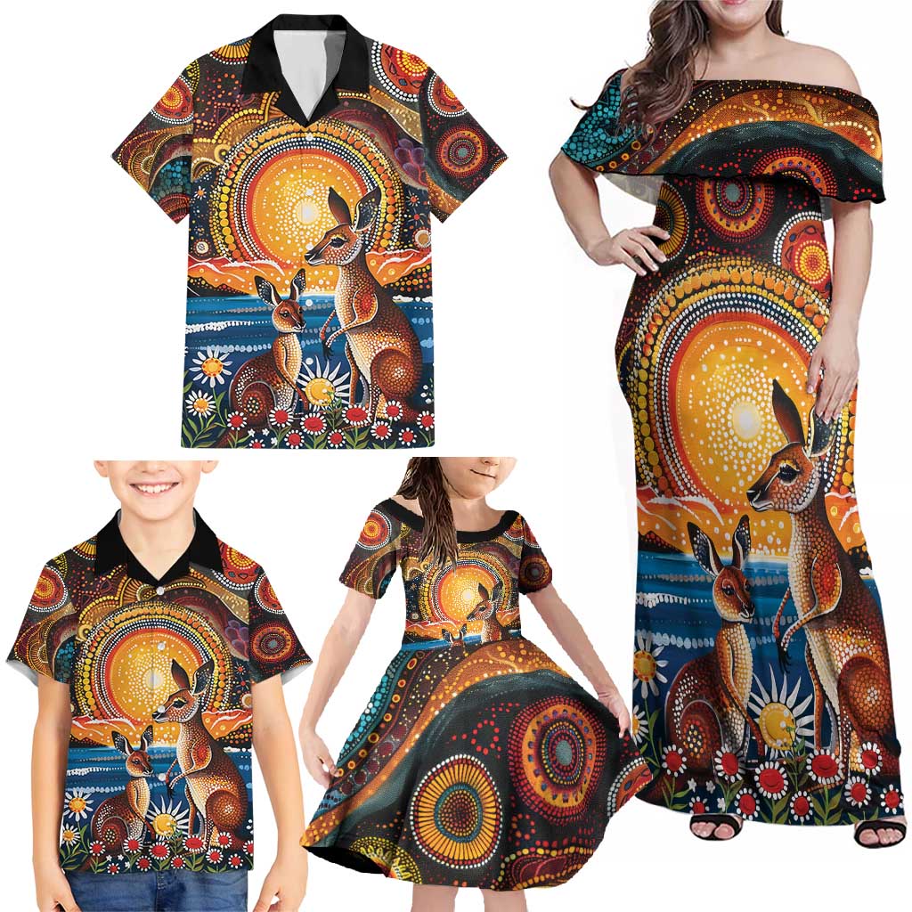 Australian Kangaroos Art Family Matching Off Shoulder Maxi Dress and Hawaiian Shirt Aboriginal Dot Painting