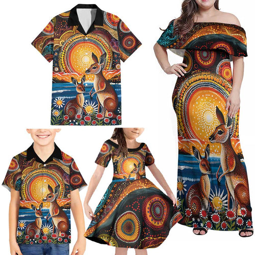Australian Kangaroos Art Family Matching Off Shoulder Maxi Dress and Hawaiian Shirt Aboriginal Dot Painting
