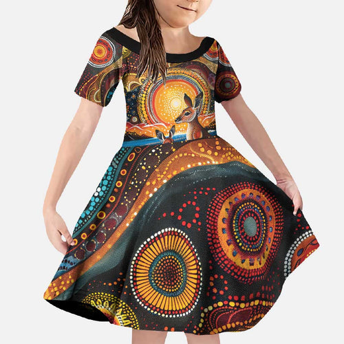 Australian Kangaroos Art Family Matching Off Shoulder Maxi Dress and Hawaiian Shirt Aboriginal Dot Painting