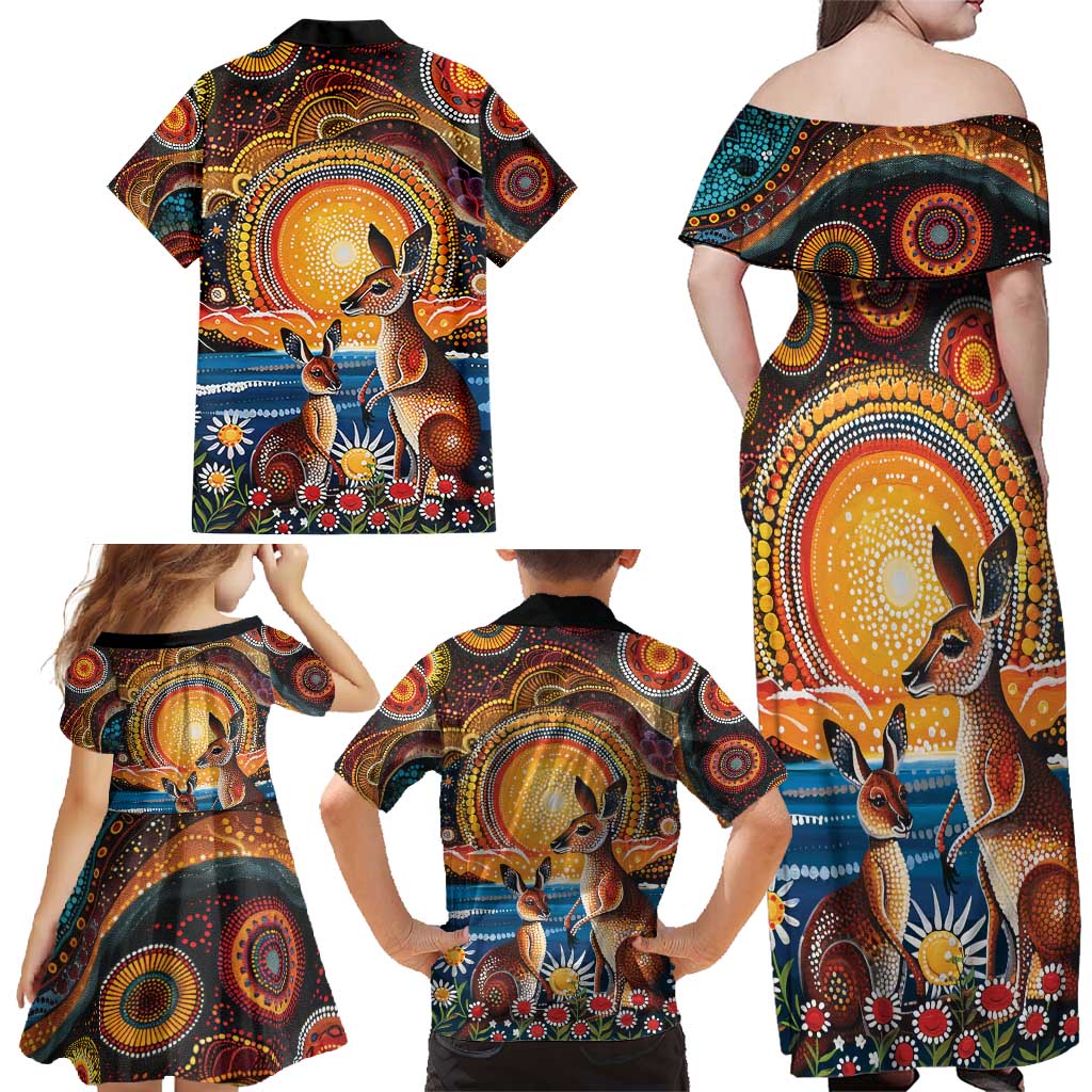 Australian Kangaroos Art Family Matching Off Shoulder Maxi Dress and Hawaiian Shirt Aboriginal Dot Painting