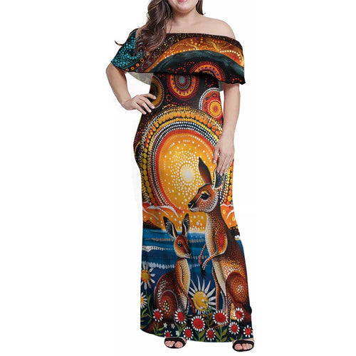 Australian Kangaroos Art Family Matching Off Shoulder Maxi Dress and Hawaiian Shirt Aboriginal Dot Painting