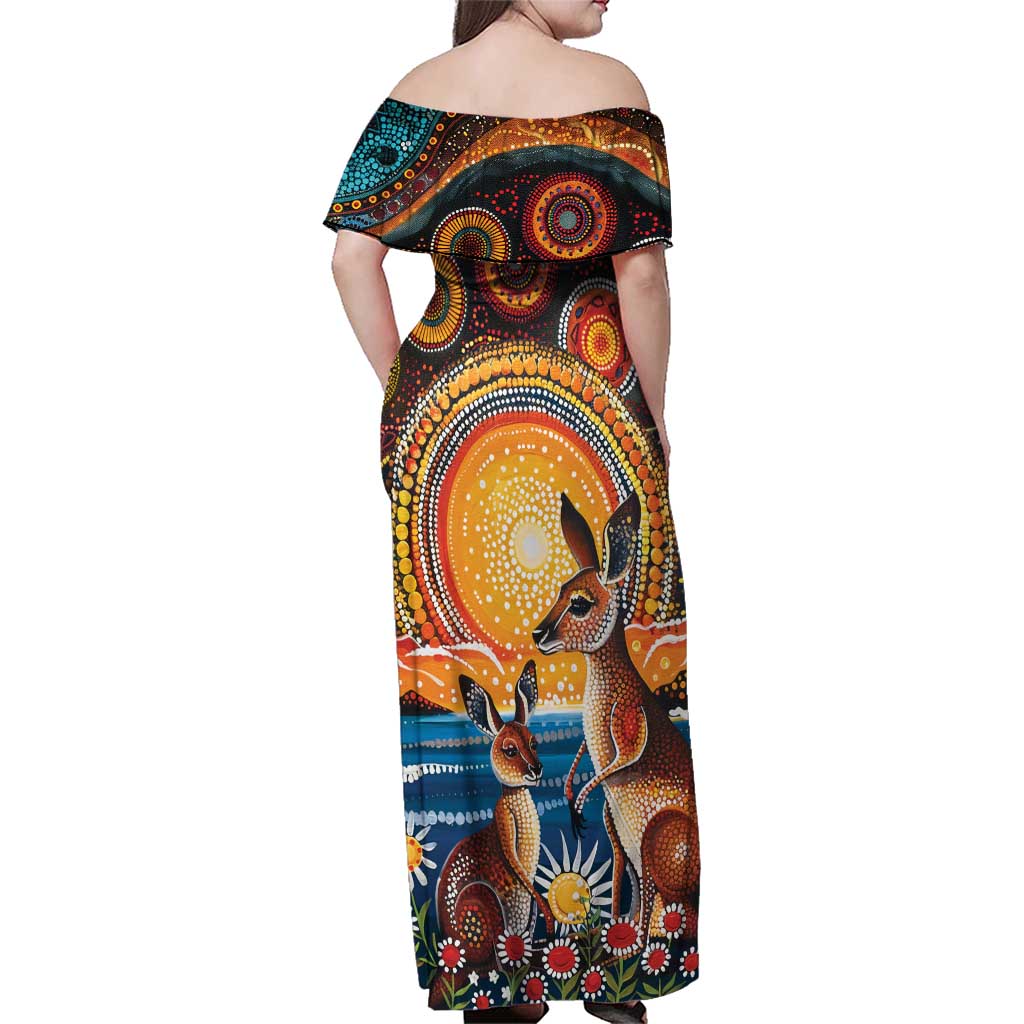 Australian Kangaroos Art Family Matching Off Shoulder Maxi Dress and Hawaiian Shirt Aboriginal Dot Painting