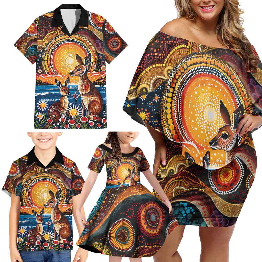 Australian Kangaroos Art Family Matching Off Shoulder Short Dress and Hawaiian Shirt Aboriginal Dot Painting