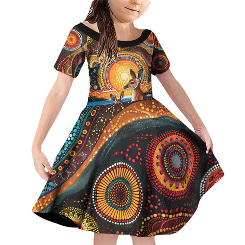 Australian Kangaroos Art Family Matching Off Shoulder Short Dress and Hawaiian Shirt Aboriginal Dot Painting