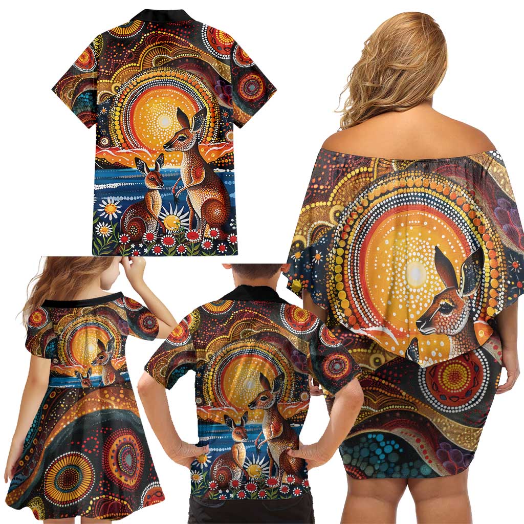 Australian Kangaroos Art Family Matching Off Shoulder Short Dress and Hawaiian Shirt Aboriginal Dot Painting