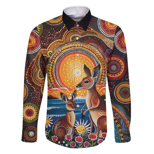 Australian Kangaroos Art Family Matching Off Shoulder Short Dress and Hawaiian Shirt Aboriginal Dot Painting