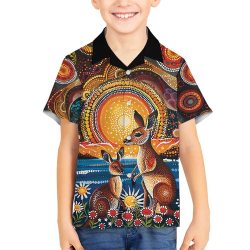 Australian Kangaroos Art Family Matching Off Shoulder Short Dress and Hawaiian Shirt Aboriginal Dot Painting