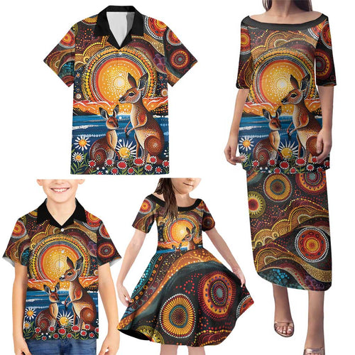 Australian Kangaroos Art Family Matching Puletasi and Hawaiian Shirt Aboriginal Dot Painting