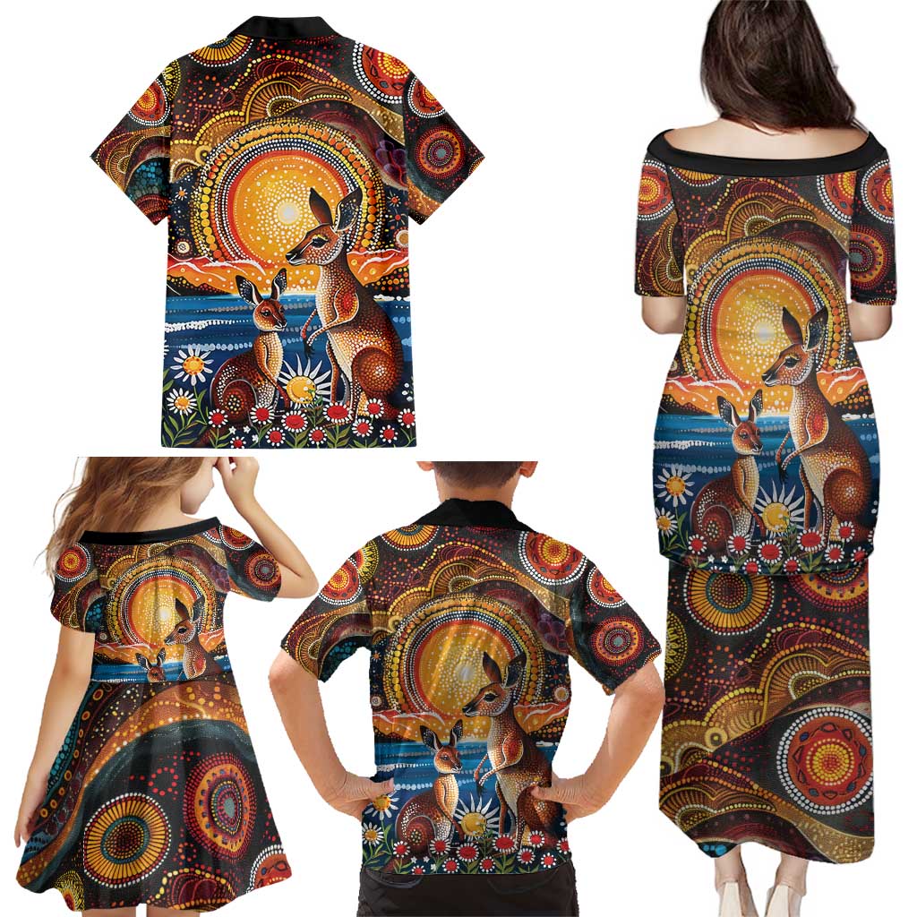 Australian Kangaroos Art Family Matching Puletasi and Hawaiian Shirt Aboriginal Dot Painting