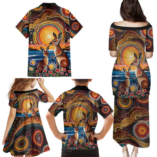 Australian Kangaroos Art Family Matching Puletasi and Hawaiian Shirt Aboriginal Dot Painting