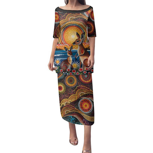 Australian Kangaroos Art Family Matching Puletasi and Hawaiian Shirt Aboriginal Dot Painting