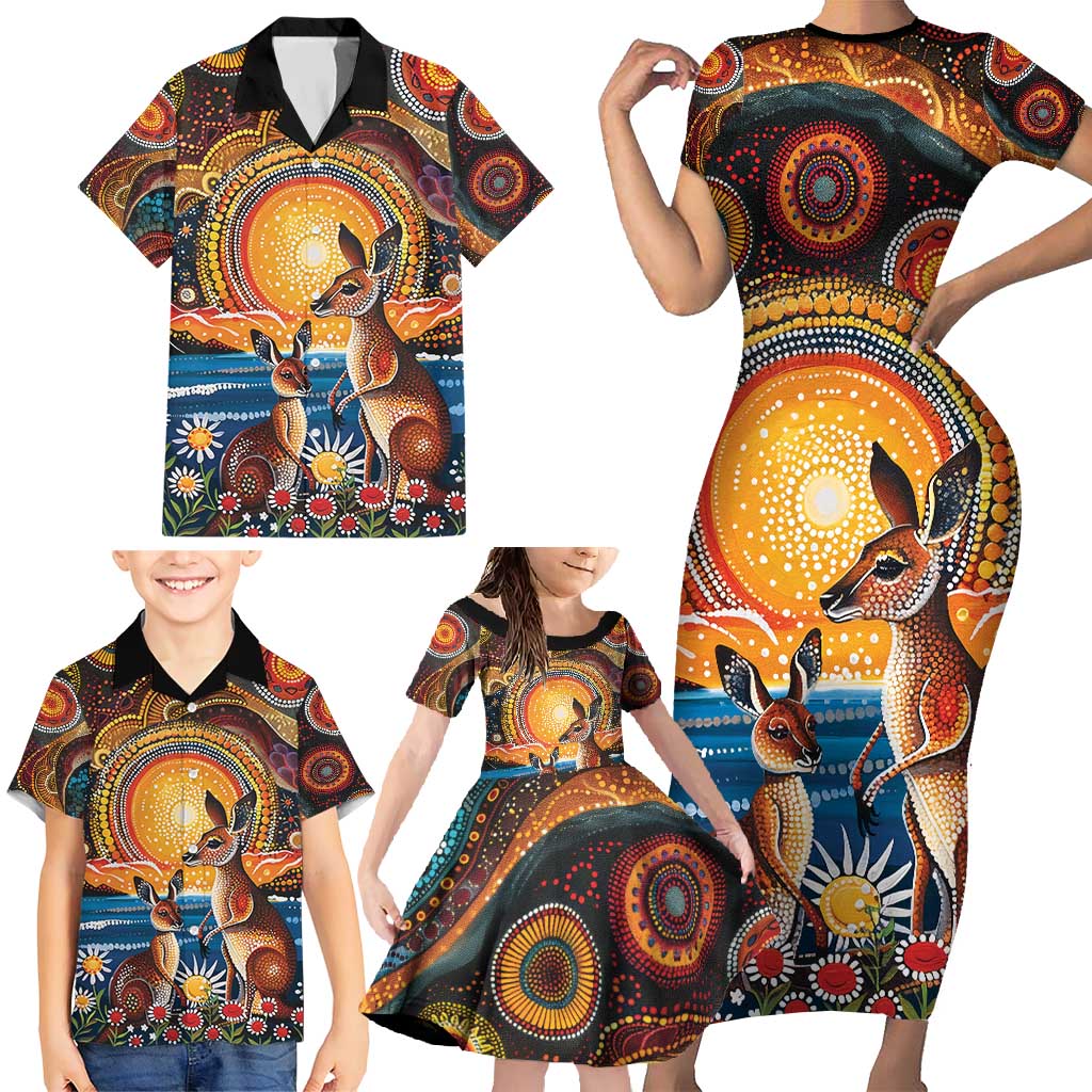 Australian Kangaroos Art Family Matching Short Sleeve Bodycon Dress and Hawaiian Shirt Aboriginal Dot Painting