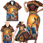 Australian Kangaroos Art Family Matching Short Sleeve Bodycon Dress and Hawaiian Shirt Aboriginal Dot Painting