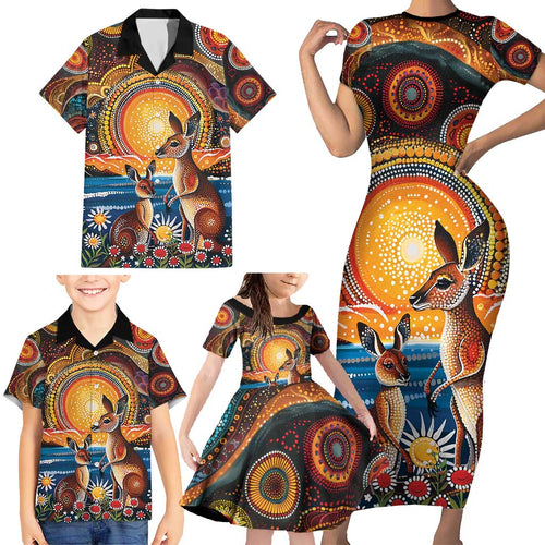 Australian Kangaroos Art Family Matching Short Sleeve Bodycon Dress and Hawaiian Shirt Aboriginal Dot Painting