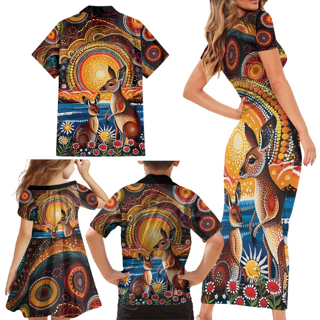Australian Kangaroos Art Family Matching Short Sleeve Bodycon Dress and Hawaiian Shirt Aboriginal Dot Painting