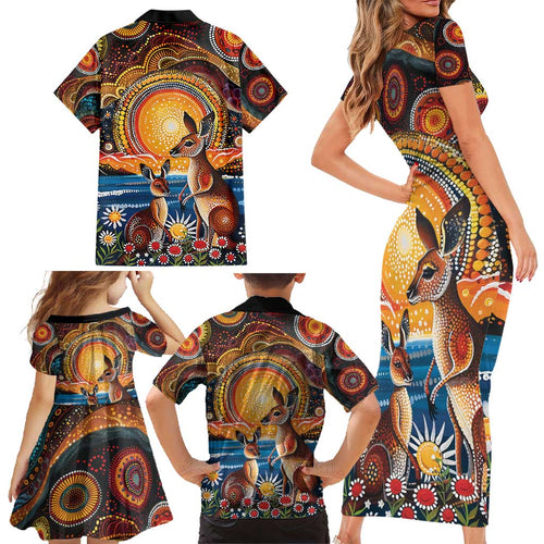 Australian Kangaroos Art Family Matching Short Sleeve Bodycon Dress and Hawaiian Shirt Aboriginal Dot Painting