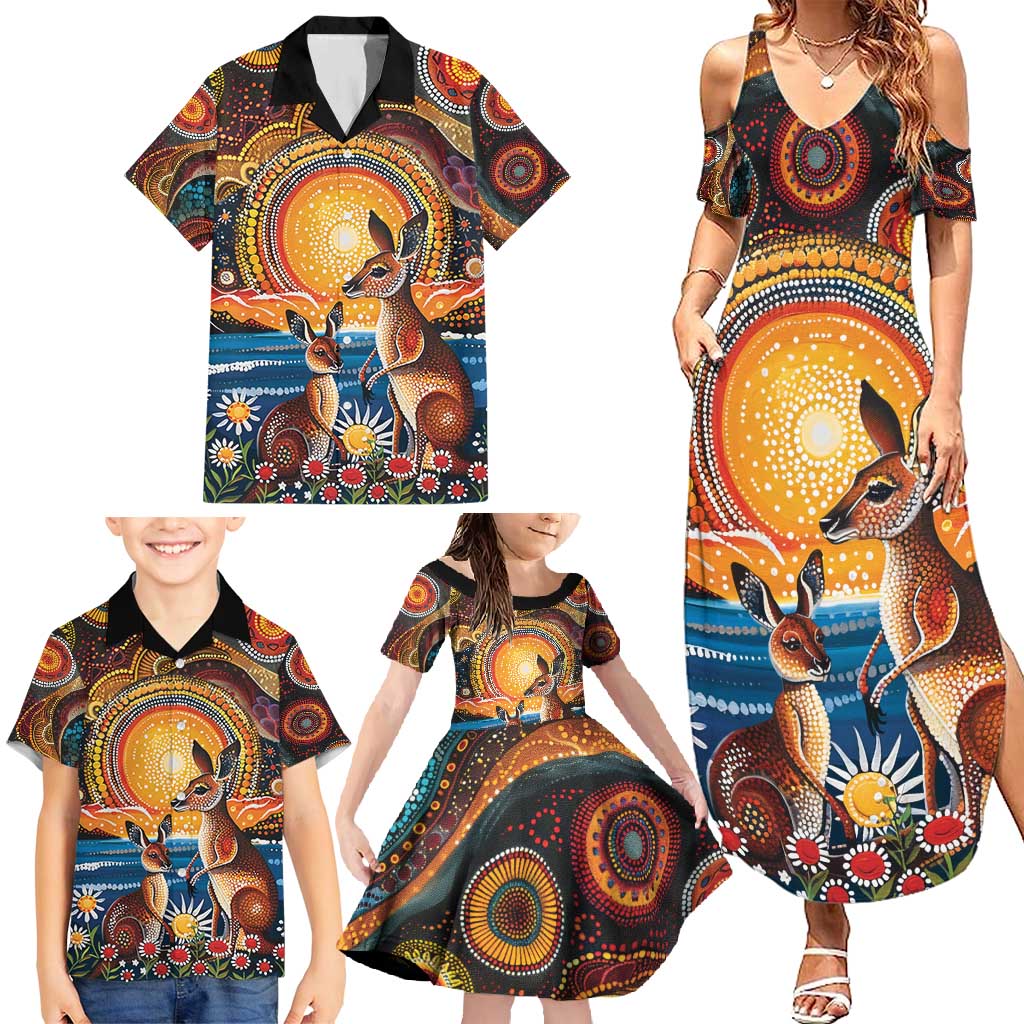 Australian Kangaroos Art Family Matching Summer Maxi Dress and Hawaiian Shirt Aboriginal Dot Painting