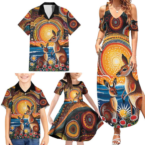 Australian Kangaroos Art Family Matching Summer Maxi Dress and Hawaiian Shirt Aboriginal Dot Painting