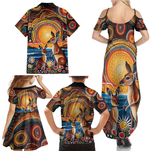 Australian Kangaroos Art Family Matching Summer Maxi Dress and Hawaiian Shirt Aboriginal Dot Painting