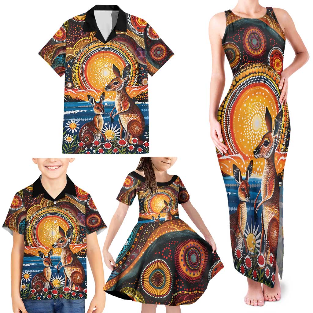 Australian Kangaroos Art Family Matching Tank Maxi Dress and Hawaiian Shirt Aboriginal Dot Painting