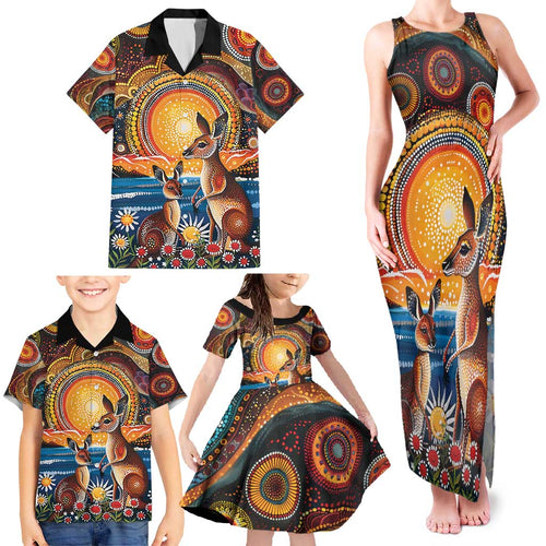 Australian Kangaroos Art Family Matching Tank Maxi Dress and Hawaiian Shirt Aboriginal Dot Painting
