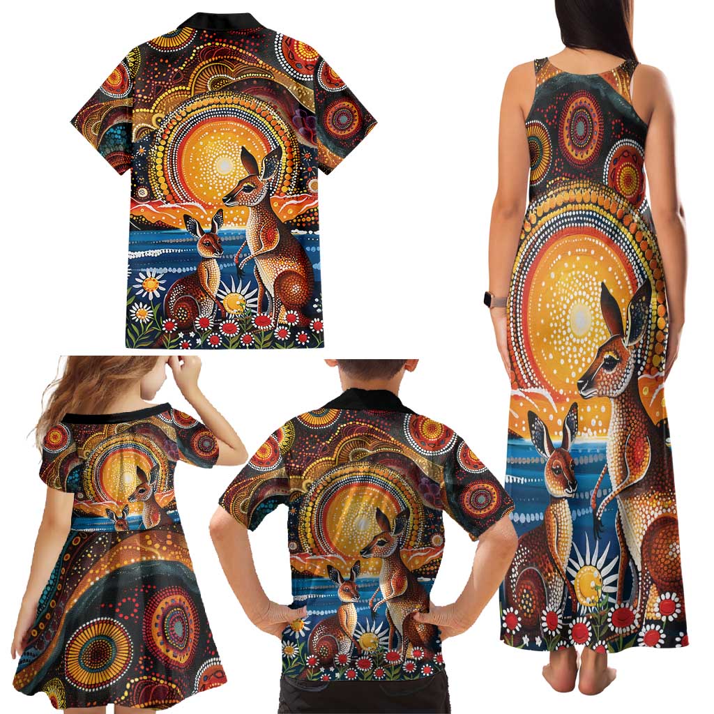 Australian Kangaroos Art Family Matching Tank Maxi Dress and Hawaiian Shirt Aboriginal Dot Painting