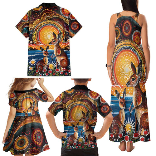 Australian Kangaroos Art Family Matching Tank Maxi Dress and Hawaiian Shirt Aboriginal Dot Painting