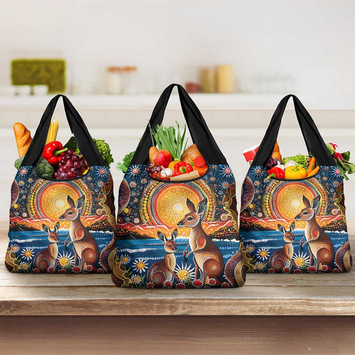 Australian Kangaroos Art Grocery Bag Aboriginal Dot Painting