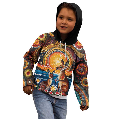 Australian Kangaroos Art Kid Hoodie Aboriginal Dot Painting