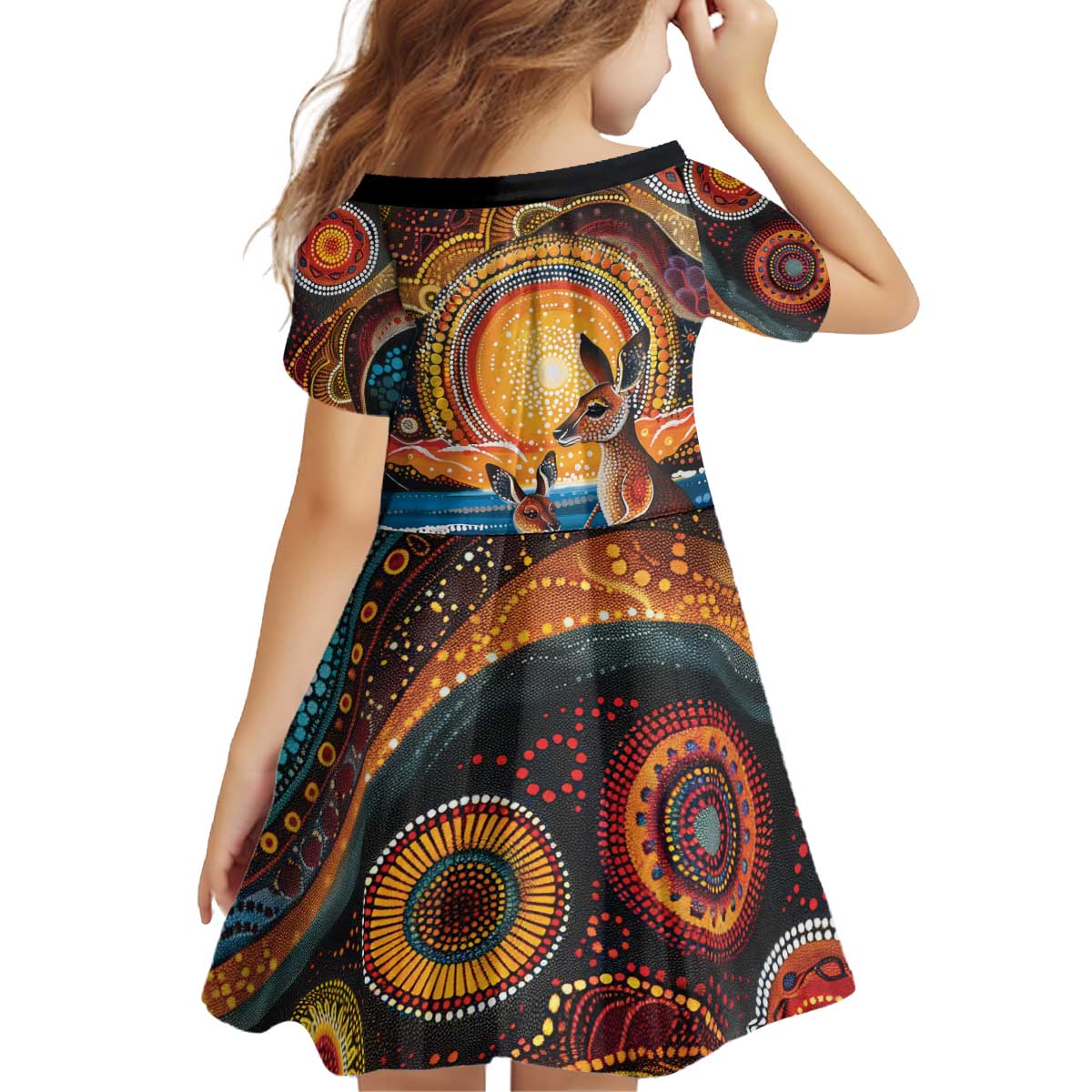 Australian Kangaroos Art Kid Short Sleeve Dress Aboriginal Dot Painting