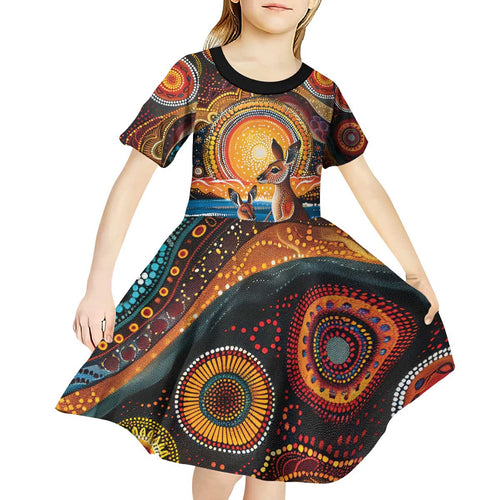 Australian Kangaroos Art Kid Short Sleeve Dress Aboriginal Dot Painting