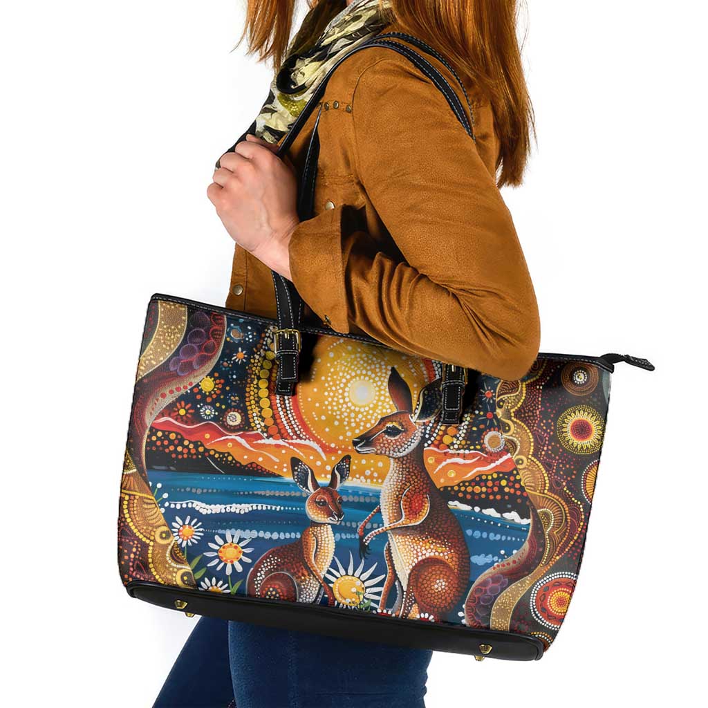 Australian Kangaroos Art Leather Tote Bag Aboriginal Dot Painting