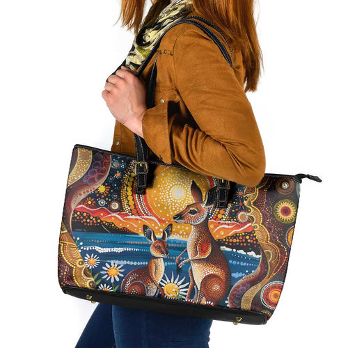 Australian Kangaroos Art Leather Tote Bag Aboriginal Dot Painting