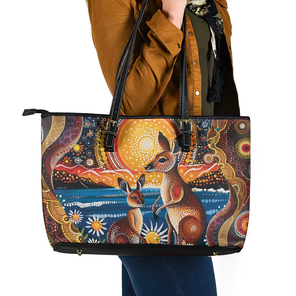 Australian Kangaroos Art Leather Tote Bag Aboriginal Dot Painting
