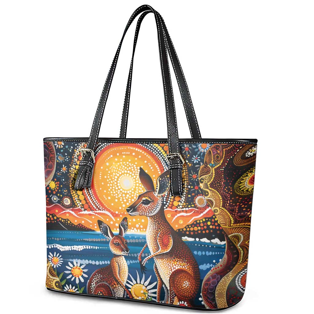 Australian Kangaroos Art Leather Tote Bag Aboriginal Dot Painting