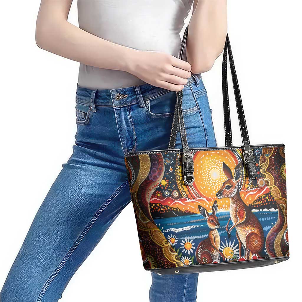 Australian Kangaroos Art Leather Tote Bag Aboriginal Dot Painting