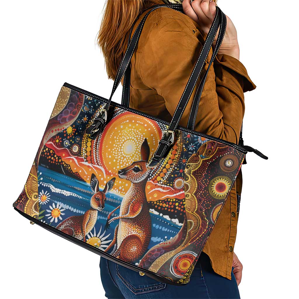 Australian Kangaroos Art Leather Tote Bag Aboriginal Dot Painting