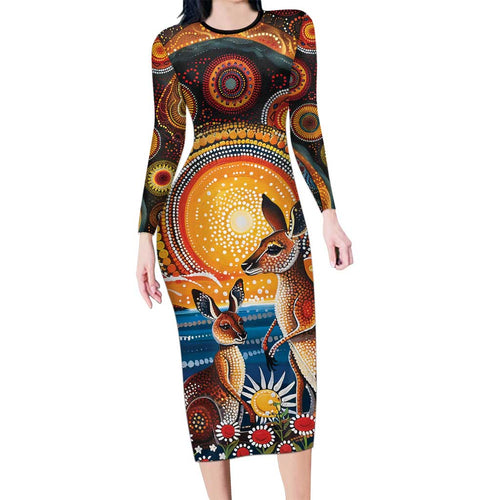 Australian Kangaroos Art Long Sleeve Bodycon Dress Aboriginal Dot Painting