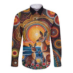 Australian Kangaroos Art Long Sleeve Button Shirt Aboriginal Dot Painting
