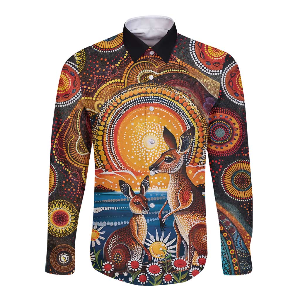 Australian Kangaroos Art Long Sleeve Button Shirt Aboriginal Dot Painting