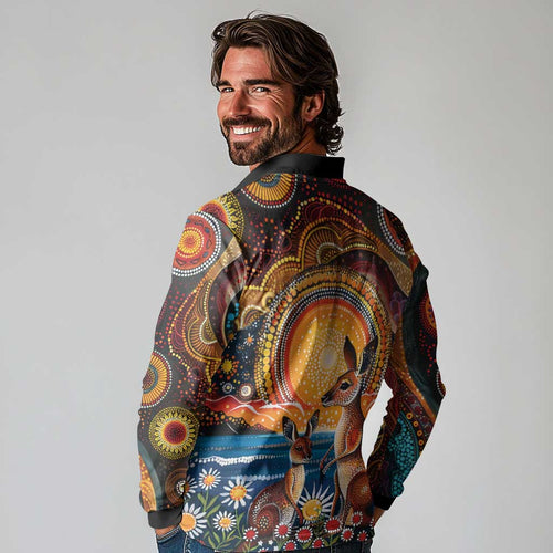 Australian Kangaroos Art Long Sleeve Polo Shirt Aboriginal Dot Painting