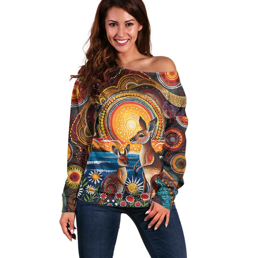 Australian Kangaroos Art Off Shoulder Sweater Aboriginal Dot Painting