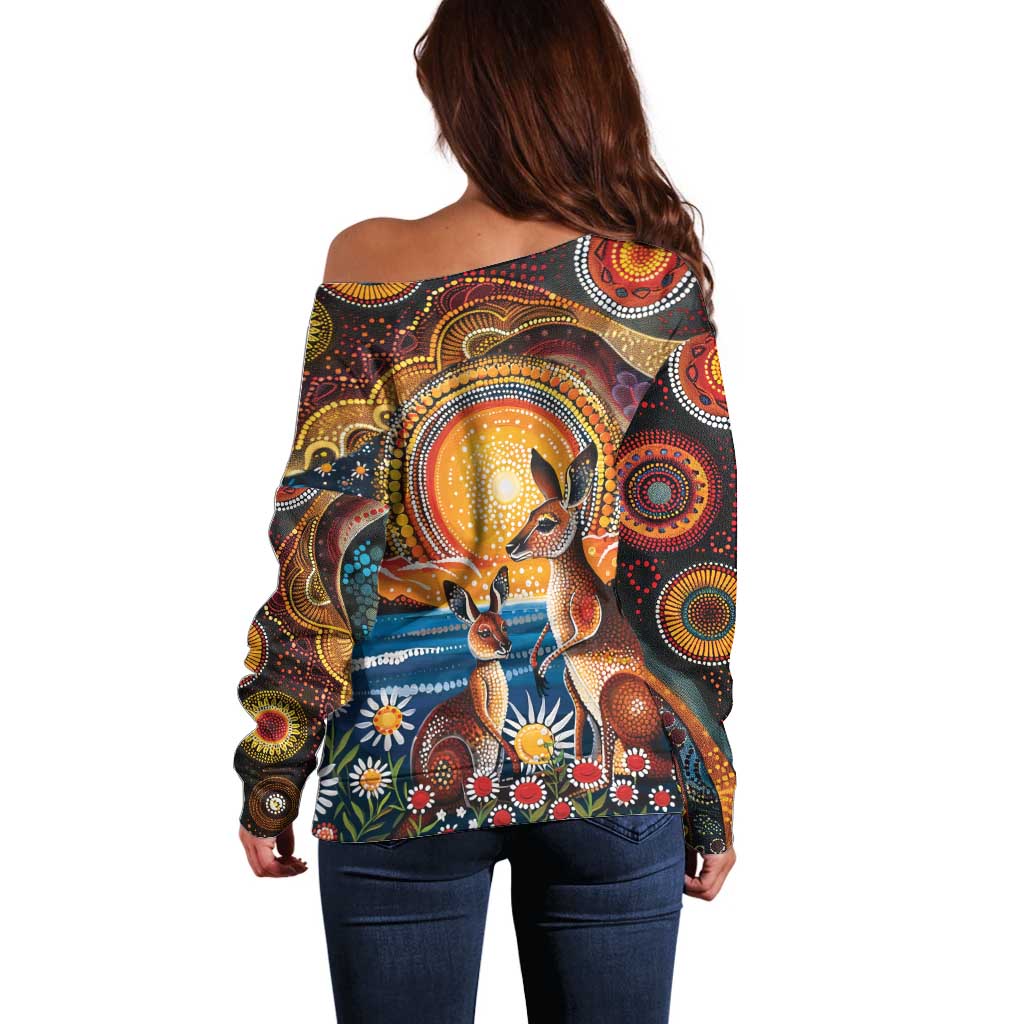 Australian Kangaroos Art Off Shoulder Sweater Aboriginal Dot Painting