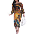 Australian Kangaroos Art Off The Shoulder Long Sleeve Dress Aboriginal Dot Painting