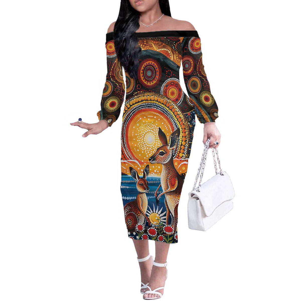 Australian Kangaroos Art Off The Shoulder Long Sleeve Dress Aboriginal Dot Painting