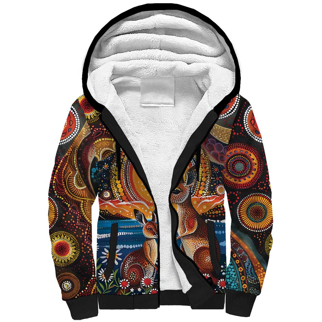 Australian Kangaroos Art Sherpa Hoodie Aboriginal Dot Painting